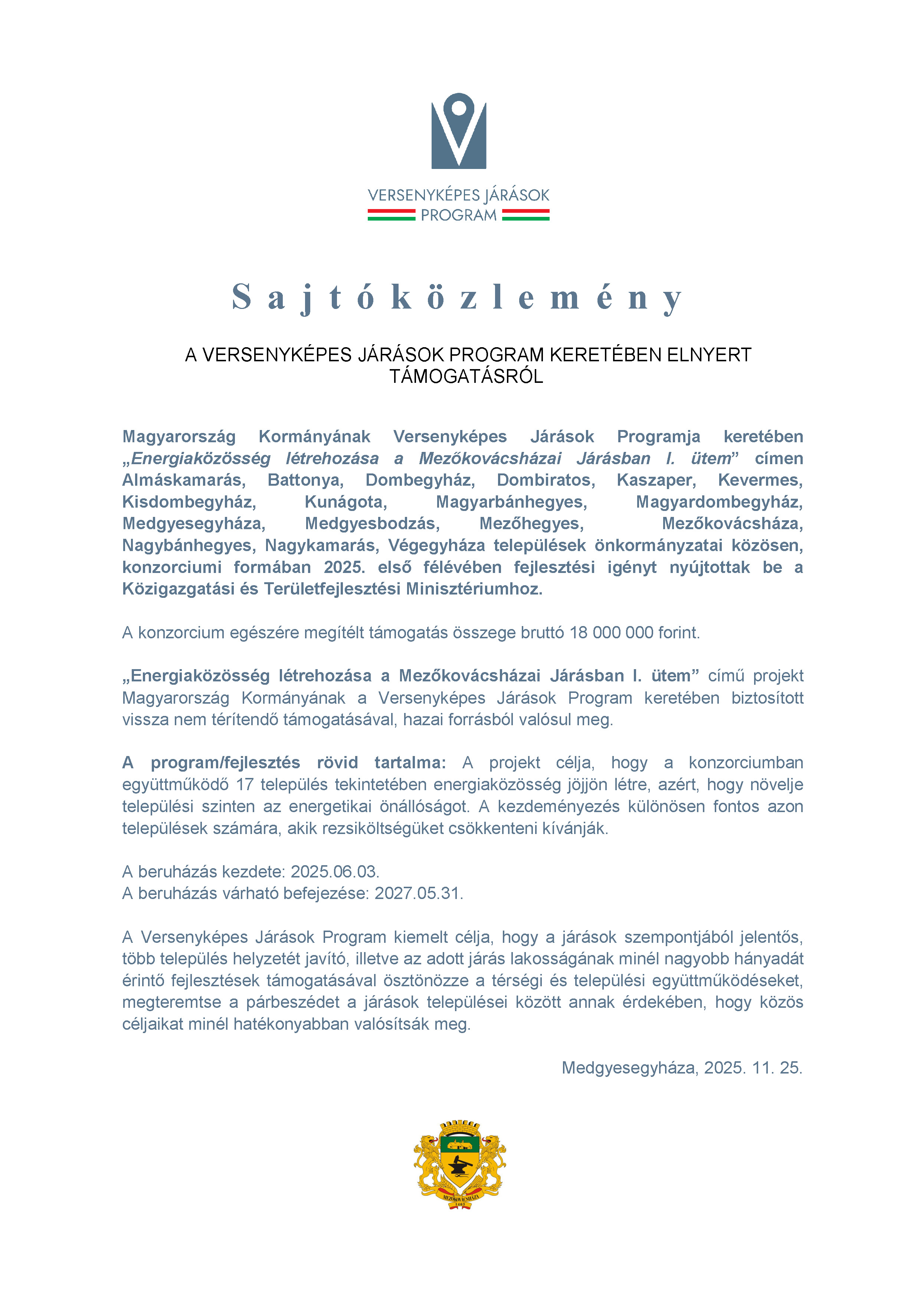 Mezőkovácsháza közlemény